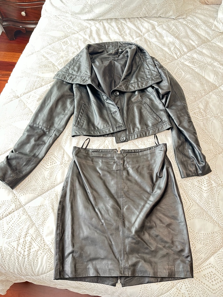 Bebe Black Leather Cropped Jacket And Matching Skirt Set